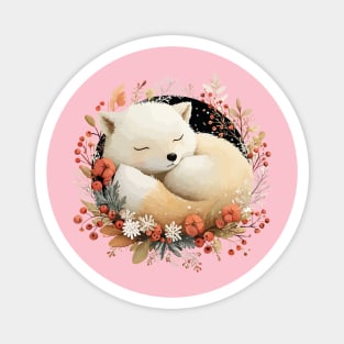 Sleeping Arctic Fox in a Winter Wreath - Cozy Solstice Art Magnet